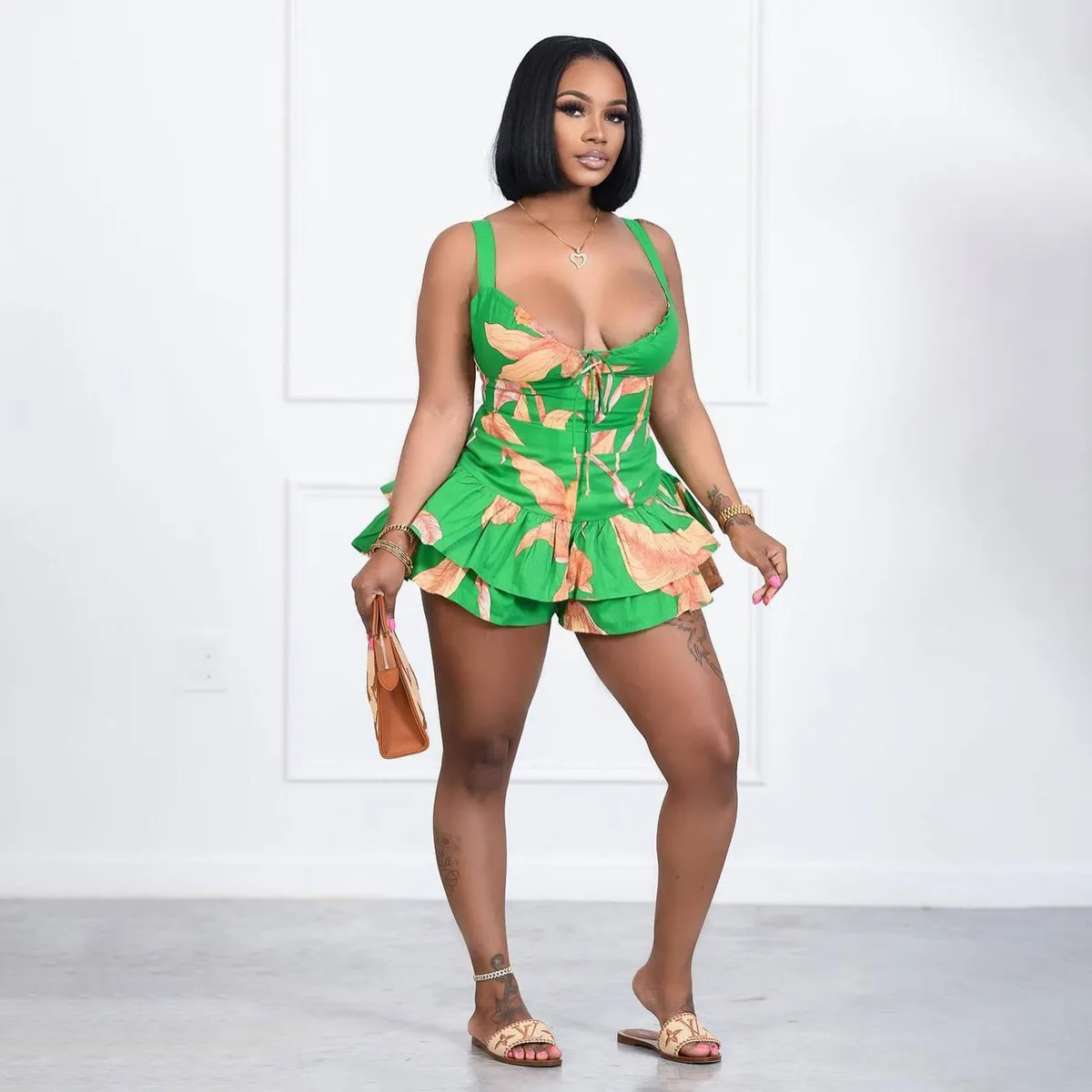 Women Casual Floral Printed Zipper Tank Top Ruffled Shorts Two-Piece Set