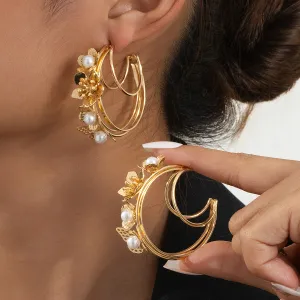 Vintage Elegant Imitation Pearl Floral Butterfly Earrings