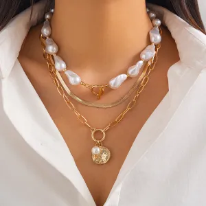 Vintage Metal Pearl Multilayer Baroque Necklace Clavicle Chain Geometric Literature Art Retro Pendant Alloy
