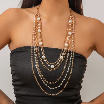Personalized Cold Wind Pearl Beaded Long Necklace With Iron Pendant