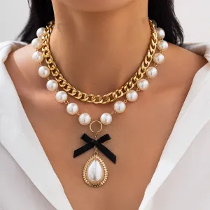 Fashion Alloy Pearl Bow Multilayer Necklace Clavicle Chain Light Luxury Jewelry