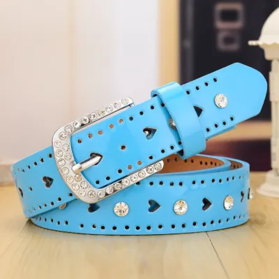 Women's Fashion Rhinestone Hollow-Out Heart Belt Solid Color Imitation Leather Pin Buckle Belt