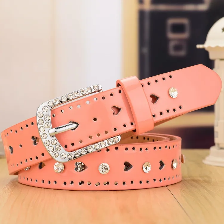 Women's Fashion Rhinestone Hollow-Out Heart Belt Solid Color Imitation Leather Pin Buckle Belt