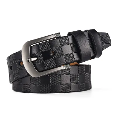 Men's Simple Grid Genuine Leather Belt with Pin Buckle