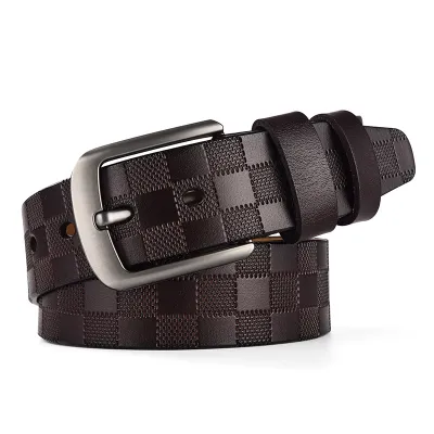 Men's Simple Grid Genuine Leather Belt with Pin Buckle