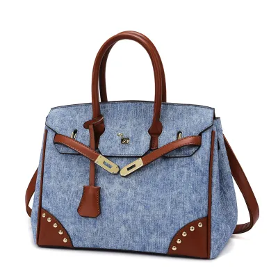 Women Fashion Casual Contrast Color Large Capacity Handbag PU Top Handle