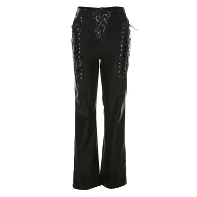 Women Fashion Solid Color High Waist Hollow Lace-Up PU Leather Straight Leg Pants