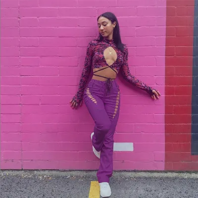 Women Fashion Solid Color High Waist Hollow Lace-Up PU Leather Straight Leg Pants