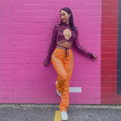 Women Fashion Solid Color High Waist Hollow Lace-Up PU Leather Straight Leg Pants