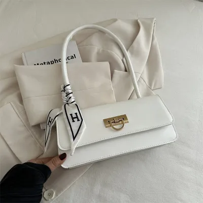 Women Fashion Elegant Solid Color Rectangle PU Baguette Shoulder Bag