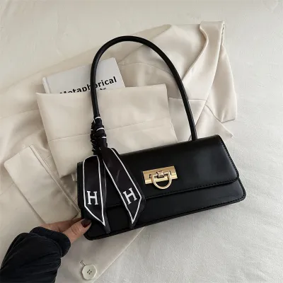 Women Fashion Elegant Solid Color Rectangle PU Baguette Shoulder Bag
