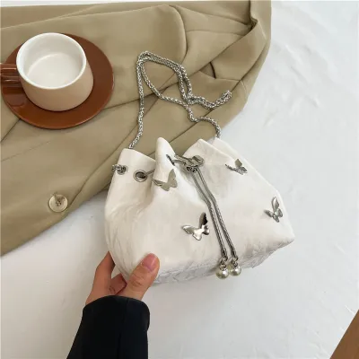 Autumn Women Elegant Butterfly Chain Bucket Shoulder Bag PU Small Drawstring