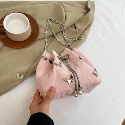 Autumn Women Elegant Butterfly Chain Bucket Shoulder Bag PU Small Drawstring