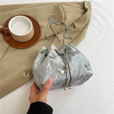 Autumn Women Elegant Butterfly Chain Bucket Shoulder Bag PU Small Drawstring