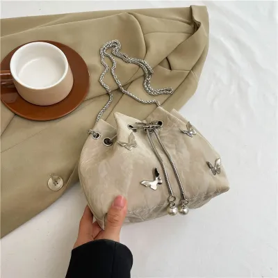 Autumn Women Elegant Butterfly Chain Bucket Shoulder Bag PU Small Drawstring