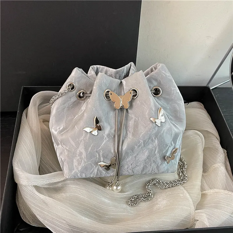 Autumn Women Elegant Butterfly Chain Bucket Shoulder Bag PU Small Drawstring