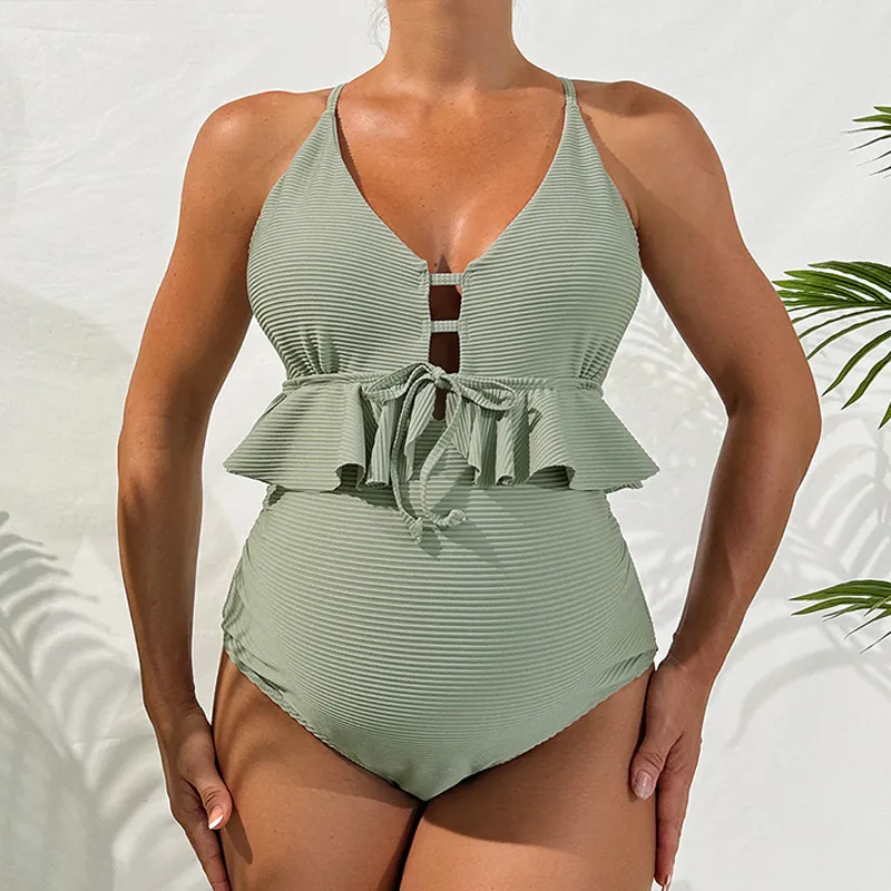 Pregnant Women Fashion Solid Color Loose One-Piece Lace-Up Swimsuit