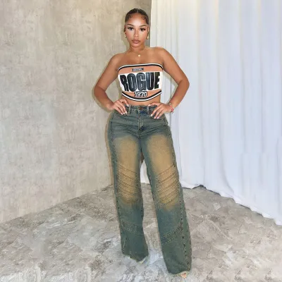 Women Fashion Casual Retro High Waist Stitching Loose Jeans