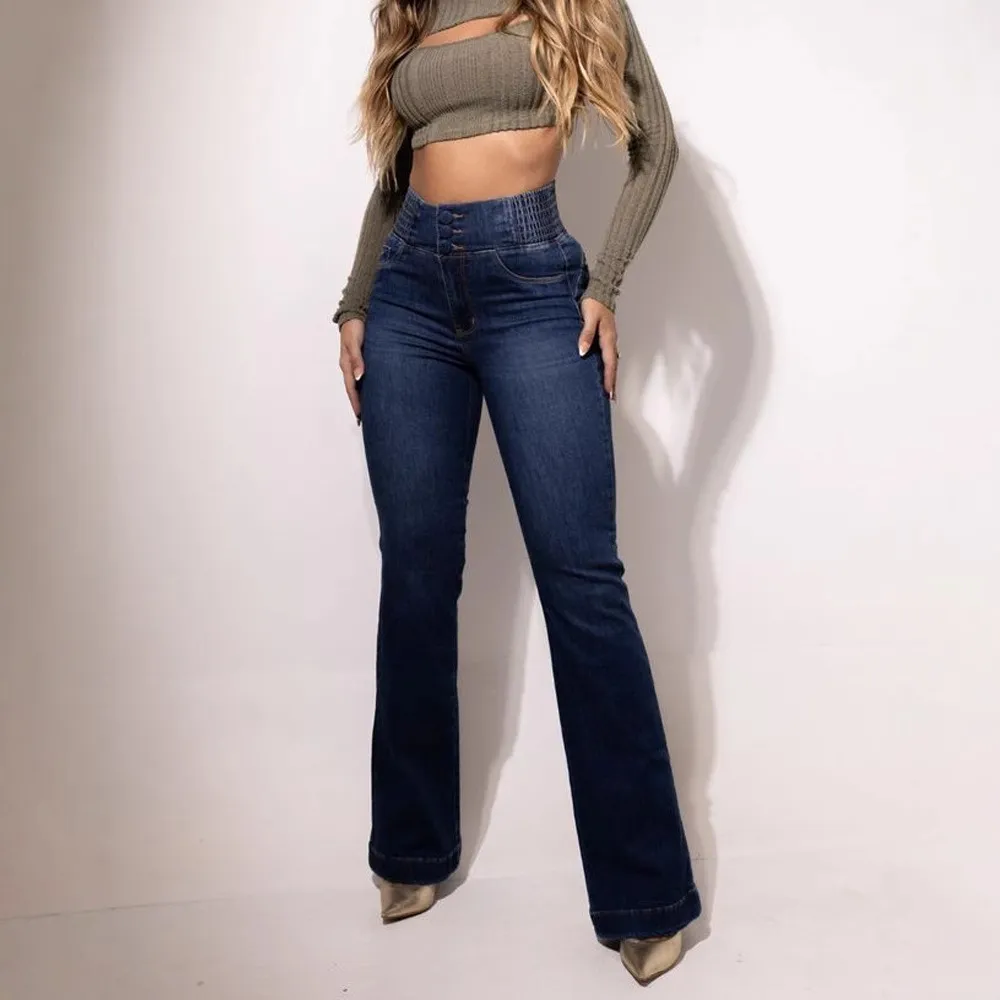 Women Casual Solid Color High Waist Button Slim-Fit Jeans