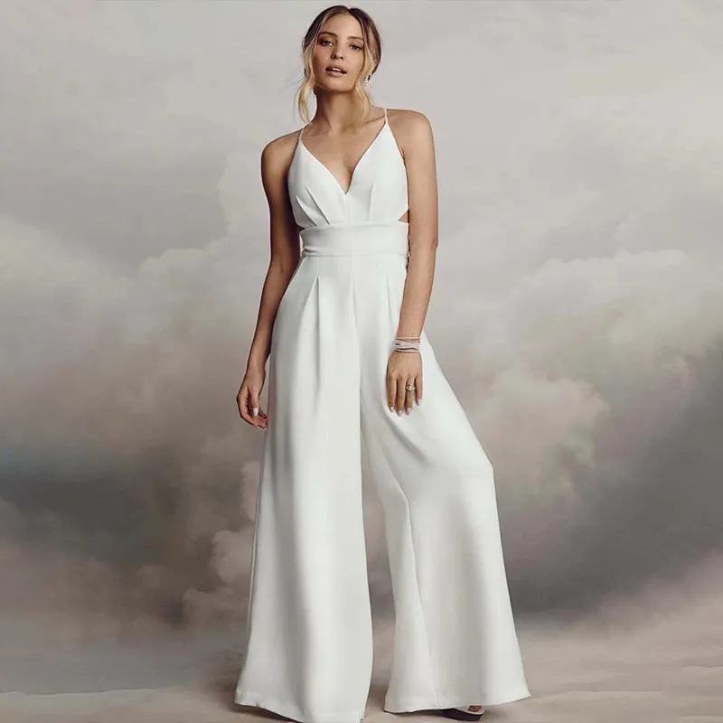 Women Fashion Elegant V-Neck Sleeveless Backless Lace-Up Wide Leg Jumpsuit