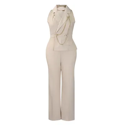 Women Fashion Casual Lapel Sleeveless Chain Wide Leg Jumpsuit