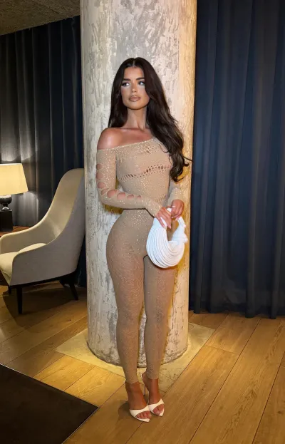 Women Sexy Tight Rhinestone Hollow-Out Long-Sleeved Jumpsuit