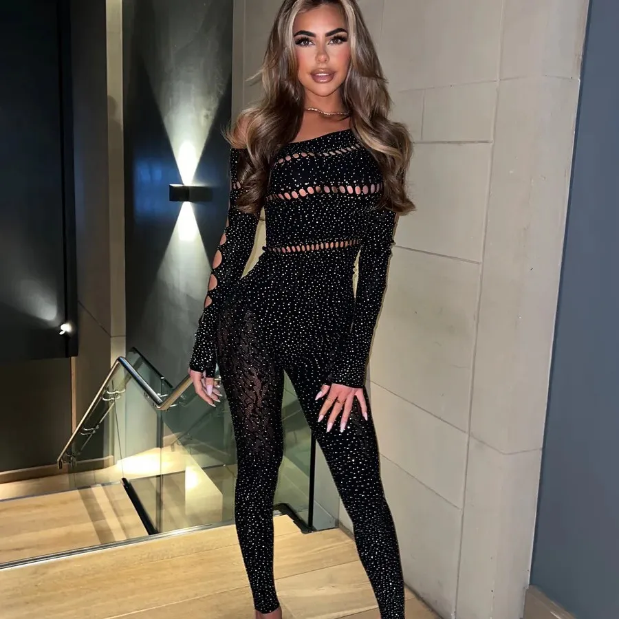 Women Sexy Tight Rhinestone Hollow-Out Long-Sleeved Jumpsuit