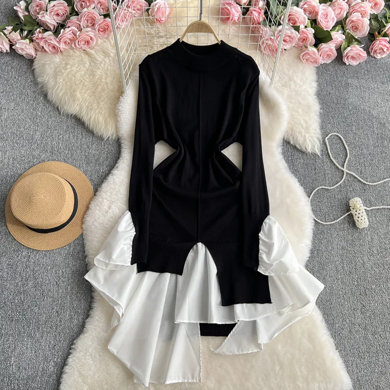 Women Casual Irregular Stitching Knitted Midi Dress