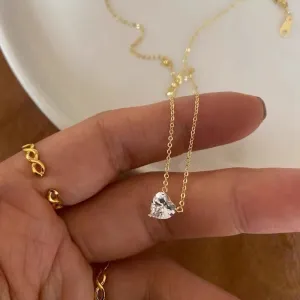 Women Simple 925 Silver Heart-Shaped Rhinestone Necklace