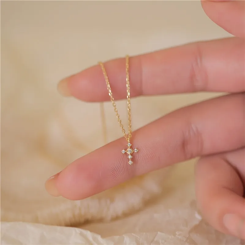 Women Simple Sterling Silver Cross Rhinestone Pendant Necklace