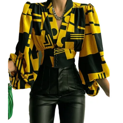 Women Elegant Single-Breasted V-Neck Lantern Sleeve Blouse