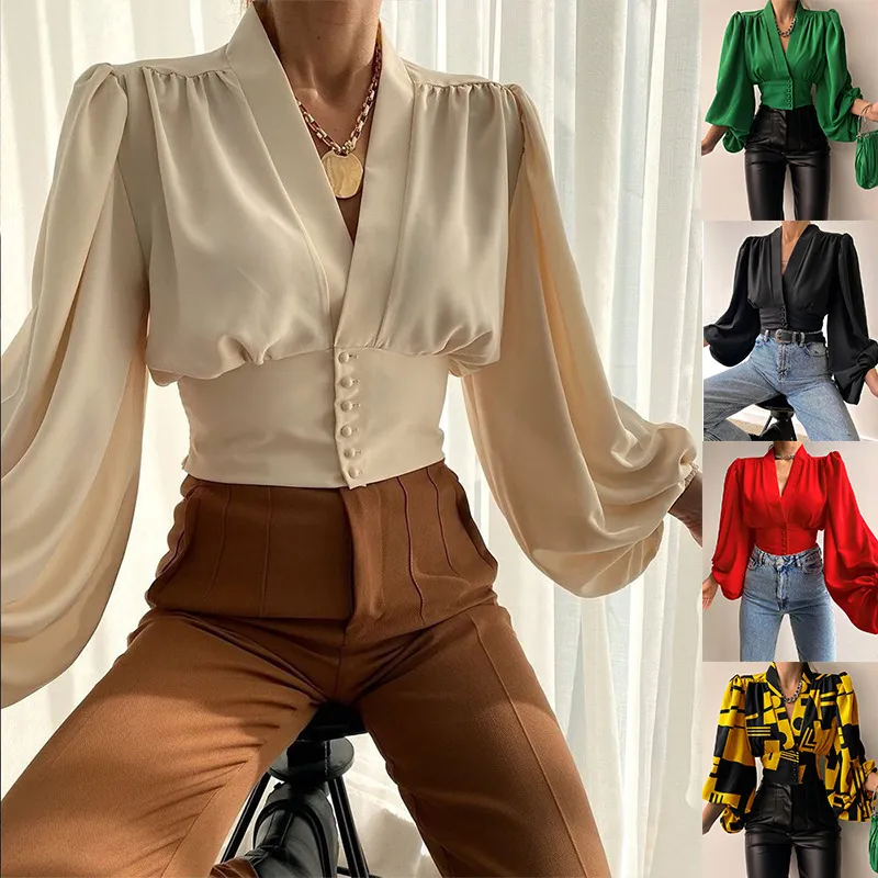 Women Elegant Single-Breasted V-Neck Lantern Sleeve Blouse