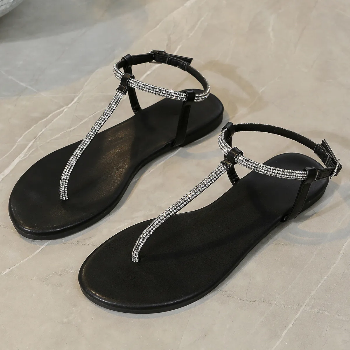 Women's Casual Rhinestone Soft Bottom Flat Sandals with Round Toe