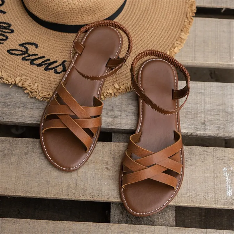 Women's Casual Solid Color PU Flat Sandals Plus Size