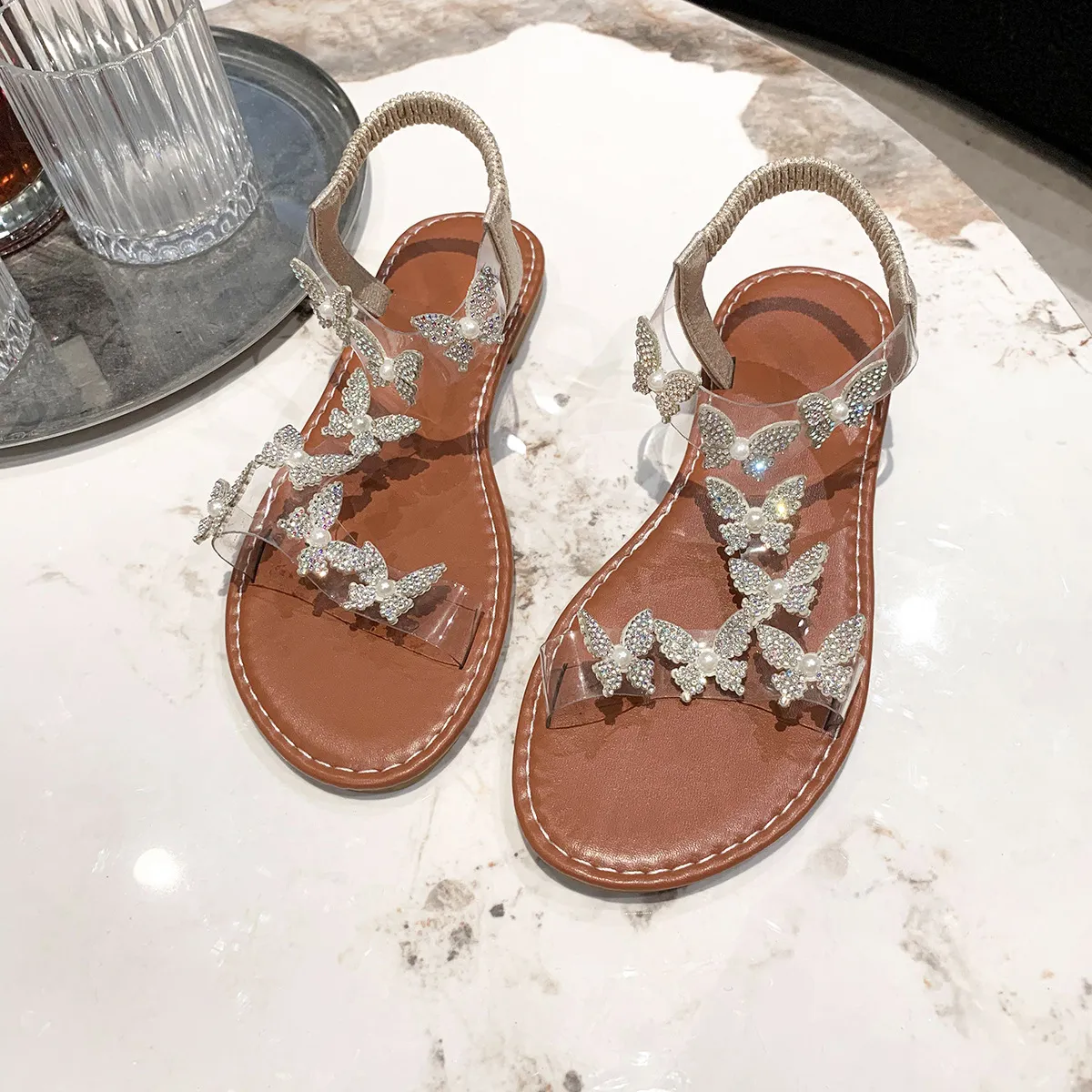 Women Fashion Butterfly Rhinestone Transparent Flat Sandals Plus Size