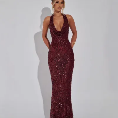 Women's Sequins Fishtail Party Dress with Halter Neck and Deep V Neckline - Slim Fit Formal Long Dress