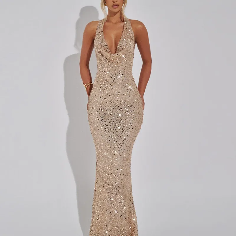 Women's Sequins Fishtail Party Dress with Halter Neck and Deep V Neckline - Slim Fit Formal Long Dress