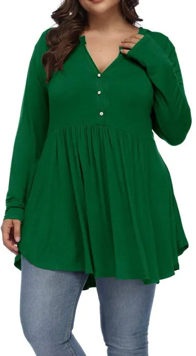 Women Casual Plus Size V-Neck Button Pleated Long Sleeve Polyester T-Shirt