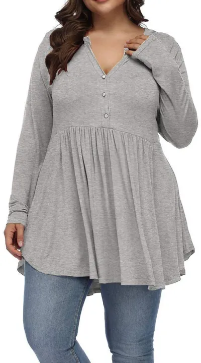 Women Casual Plus Size V-Neck Button Pleated Long Sleeve Polyester T-Shirt