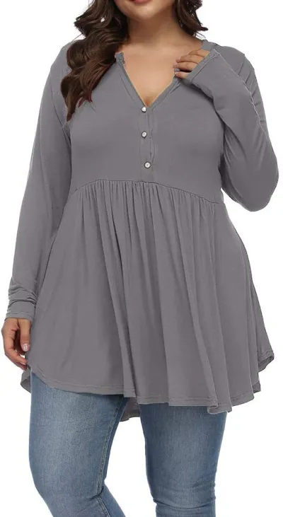 Women Casual Plus Size V-Neck Button Pleated Long Sleeve Polyester T-Shirt