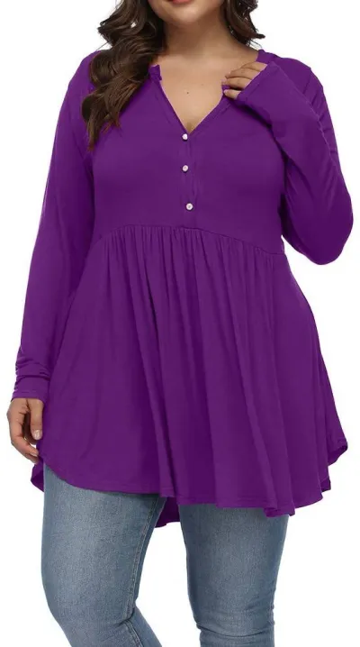 Women Casual Plus Size V-Neck Button Pleated Long Sleeve Polyester T-Shirt