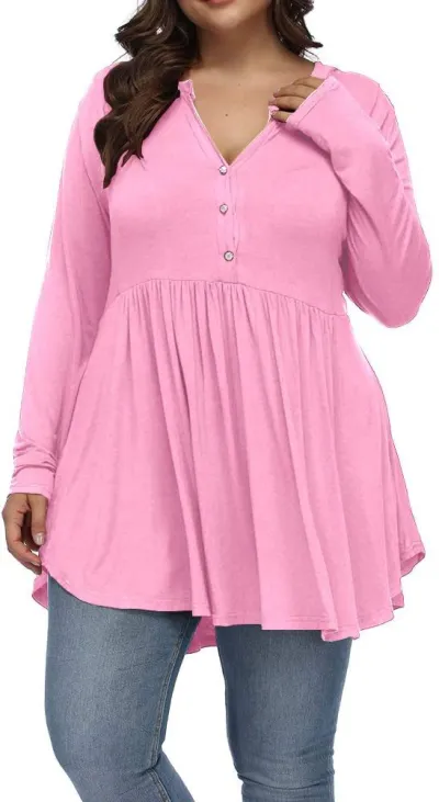 Women Casual Plus Size V-Neck Button Pleated Long Sleeve Polyester T-Shirt