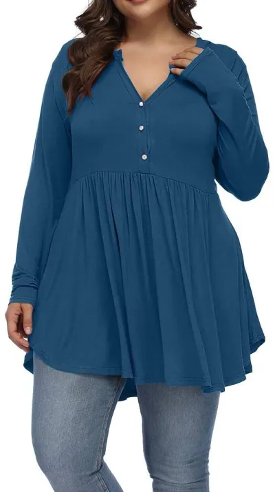 Women Casual Plus Size V-Neck Button Pleated Long Sleeve Polyester T-Shirt