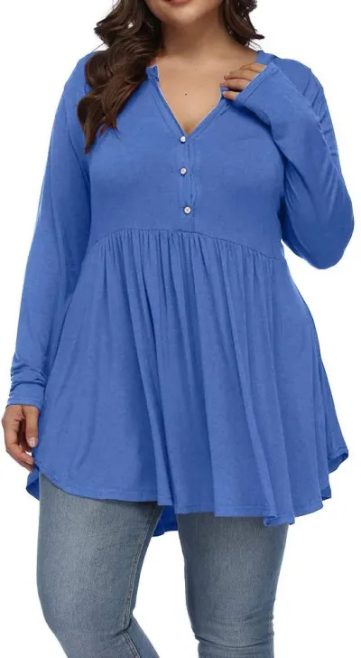 Women Casual Plus Size V-Neck Button Pleated Long Sleeve Polyester T-Shirt