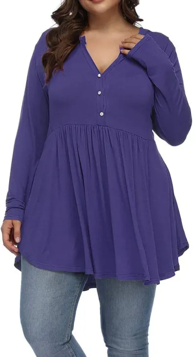 Women Casual Plus Size V-Neck Button Pleated Long Sleeve Polyester T-Shirt