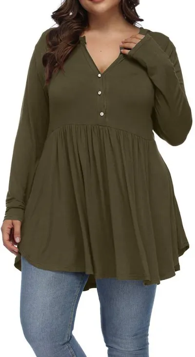 Women Casual Plus Size V-Neck Button Pleated Long Sleeve Polyester T-Shirt