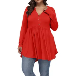 Women Casual Plus Size V-Neck Button Pleated Long Sleeve Polyester T-Shirt