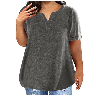 Women Casual Plus Size V-Neck Short Sleeve Pocket T-Shirt in Solid Color