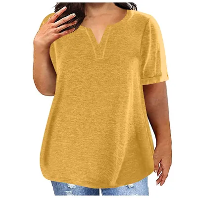 Women Casual Plus Size V-Neck Short Sleeve Pocket T-Shirt in Solid Color