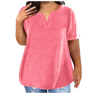 Women Casual Plus Size V-Neck Short Sleeve Pocket T-Shirt in Solid Color